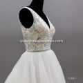 Sexy Lace Illusion Backless V Neck Sleeveless Puffy Beautiful Train Wedding Gowns Dress Bridal